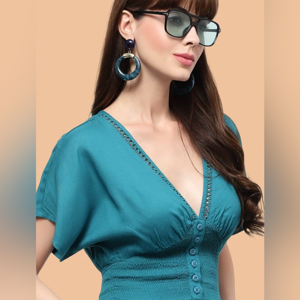 Patrons of Peace Wide Leg Jumpsuit deep V Neck Smocked Pockets Teal Green - Picture 14 of 14